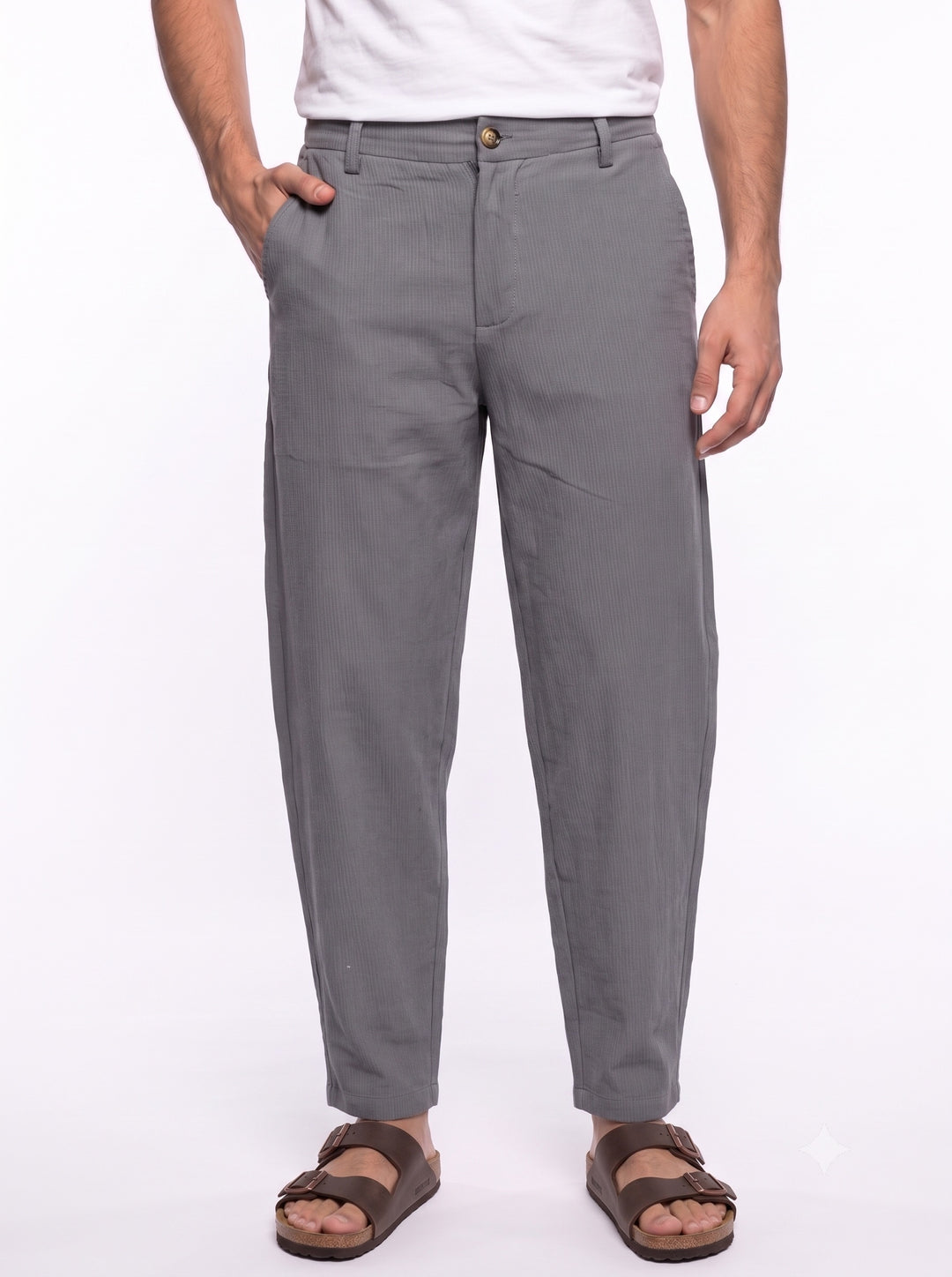 Gray Micro-Textured Solid Tapered Fit Cotton Men's Trousers