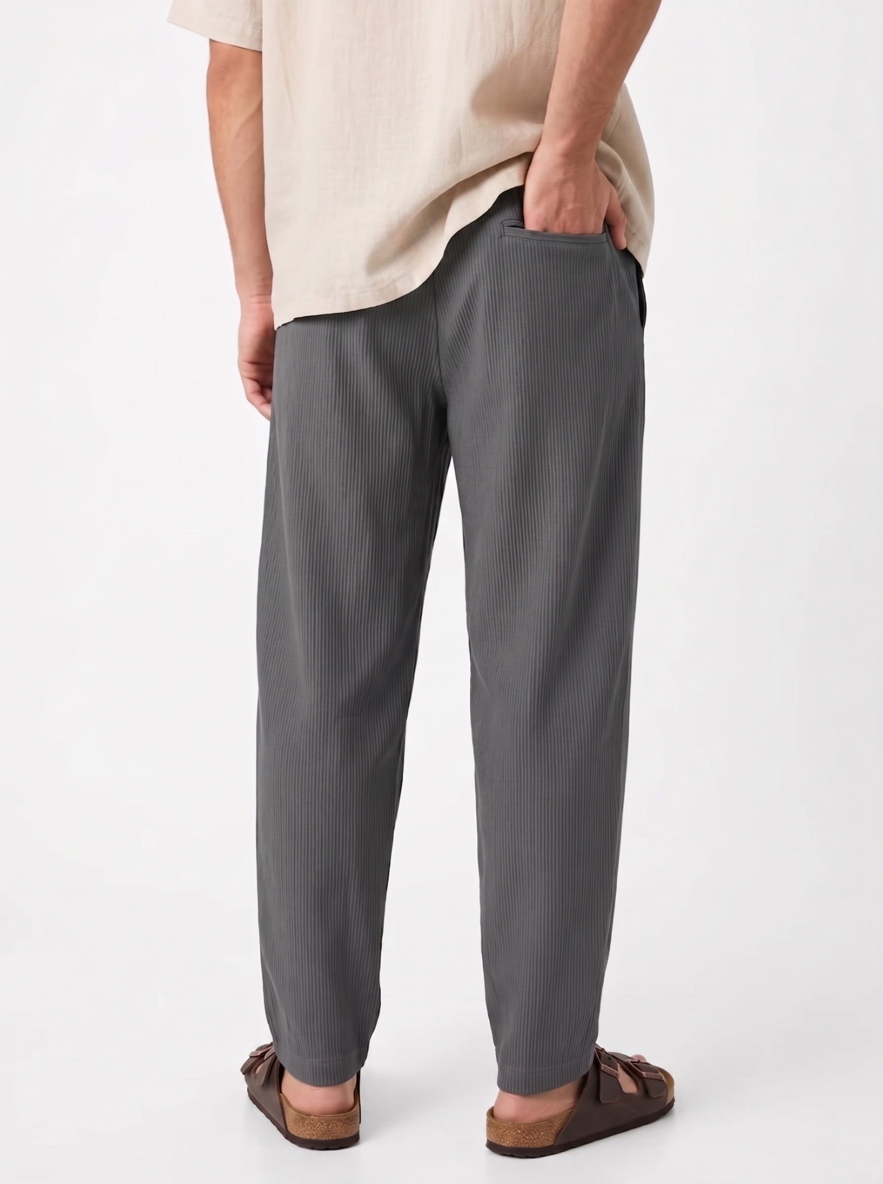 Gray Micro-Textured Solid Tapered Fit Cotton Men's Trousers