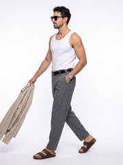 Gray Micro-Textured Solid Tapered Fit Cotton Men's Trousers