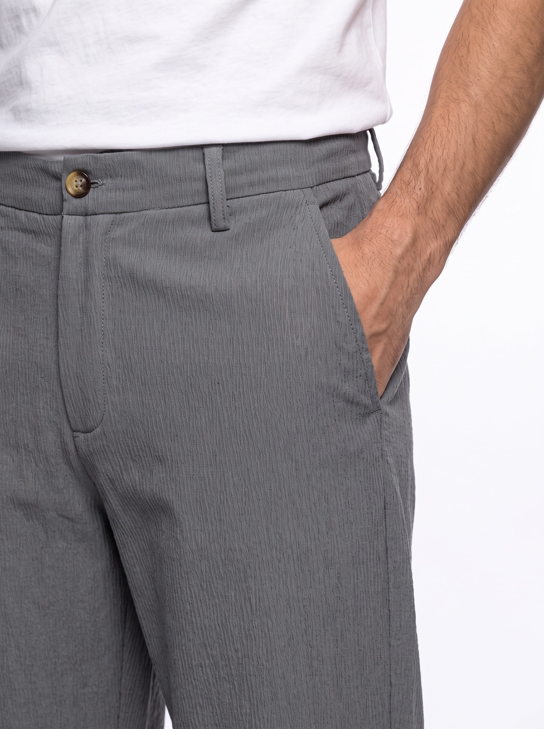 Gray Micro-Textured Solid Tapered Fit Cotton Men's Trousers