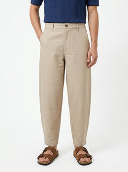 Beige Solid Regular Fit Tapered Casual Cotton Men's Trousers