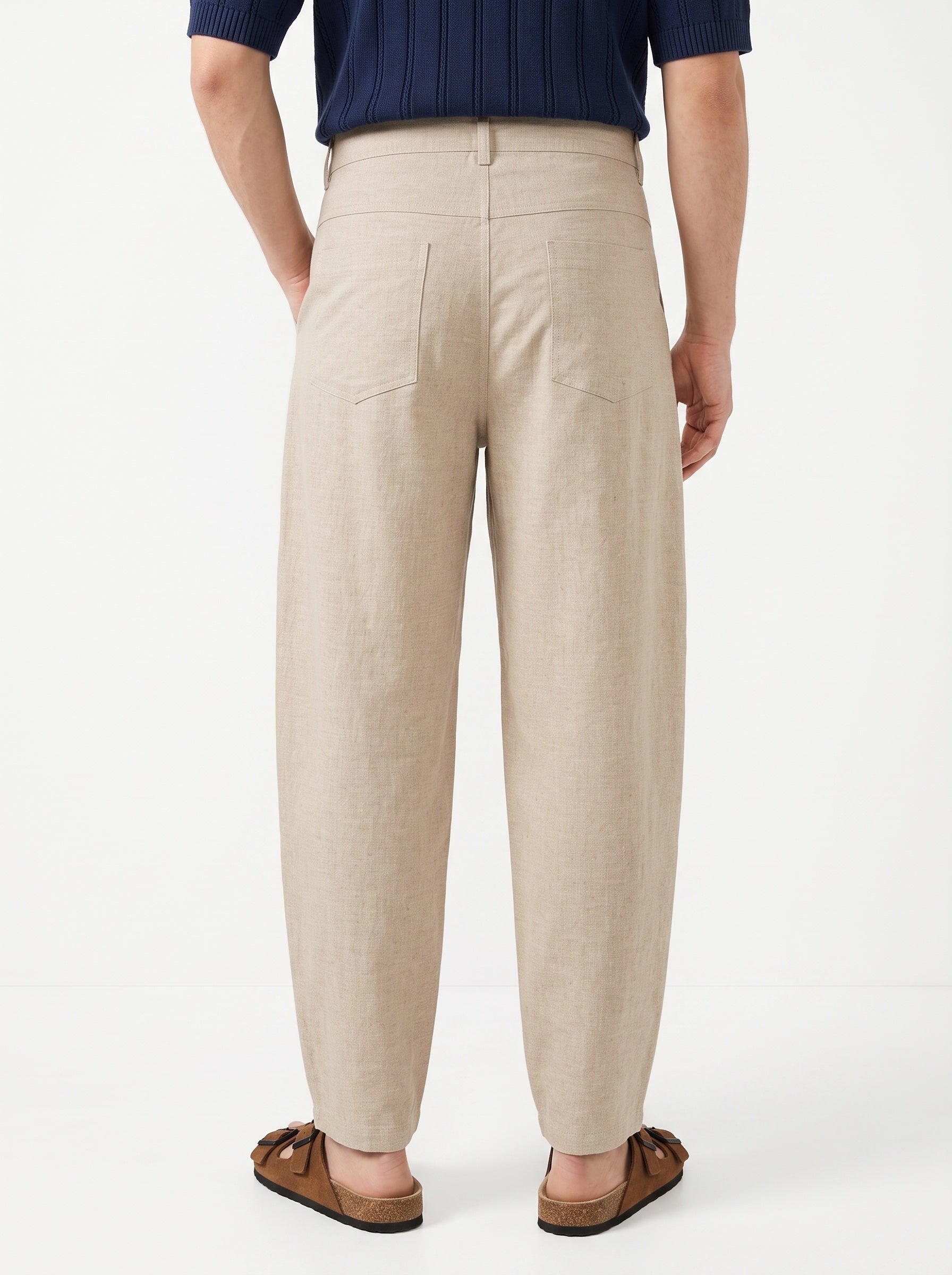 Beige Solid Regular Fit Tapered Casual Cotton Men's Trousers