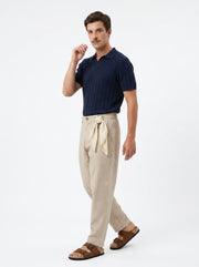 Beige Solid Regular Fit Tapered Casual Cotton Men's Trousers