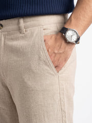 Beige Solid Regular Fit Tapered Casual Cotton Men's Trousers