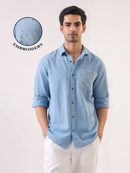 Blue Dyed Band Collar Long Sleeve Cotton Men's Shirt