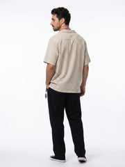 Off White Cuban Collar Striped Print Cotton Oversized Men's Shirt