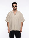 Off White Cuban Collar Striped Print Cotton Oversized Men's Shirt