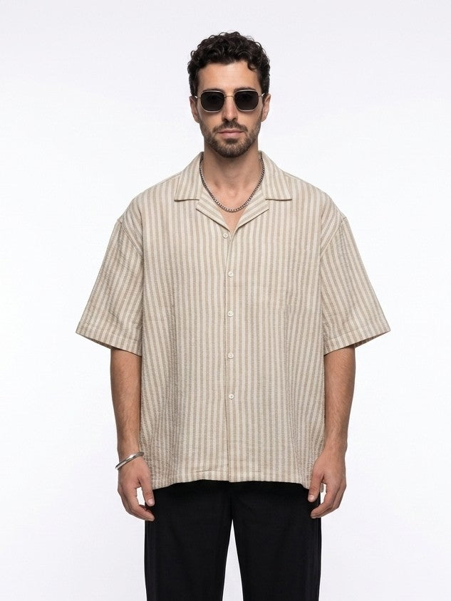 Off White Cuban Collar Striped Print Cotton Oversized Men's Shirt