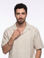 Off White Cuban Collar Striped Print Cotton Oversized Men's Shirt