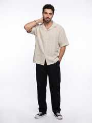 Off White Cuban Collar Striped Print Cotton Oversized Men's Shirt