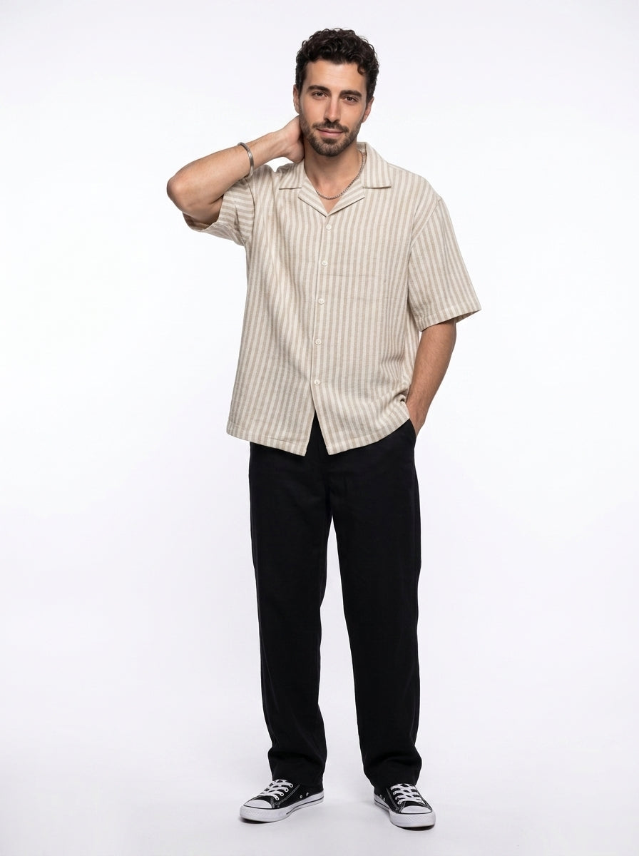 Off White Cuban Collar Striped Print Cotton Oversized Men's Shirt