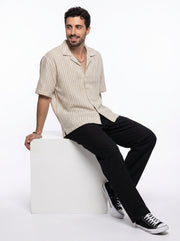 Off White Cuban Collar Striped Print Cotton Oversized Men's Shirt