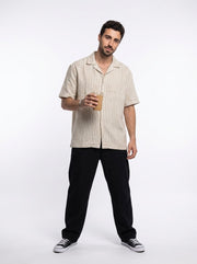 Off White Cuban Collar Striped Print Cotton Oversized Men's Shirt