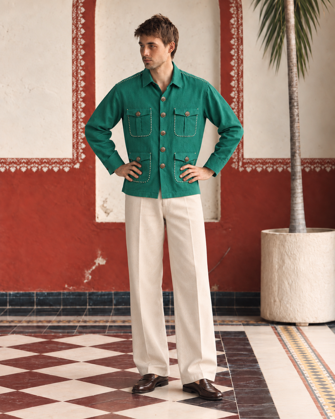 Teal Green Linen Shirt Collar Solid Hunter Men's Shirt