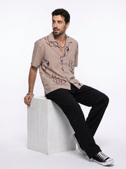 Mauve Floral Print Cuban Collar Pure Cotton Oversized Men's Shirt
