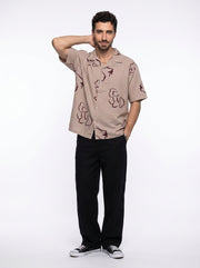 Mauve Floral Print Cuban Collar Pure Cotton Oversized Men's Shirt