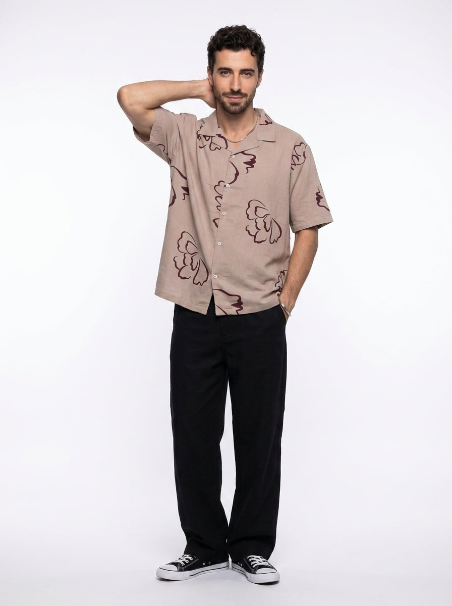 Mauve Floral Print Cuban Collar Pure Cotton Oversized Men's Shirt