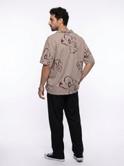 Mauve Floral Print Cuban Collar Pure Cotton Oversized Men's Shirt