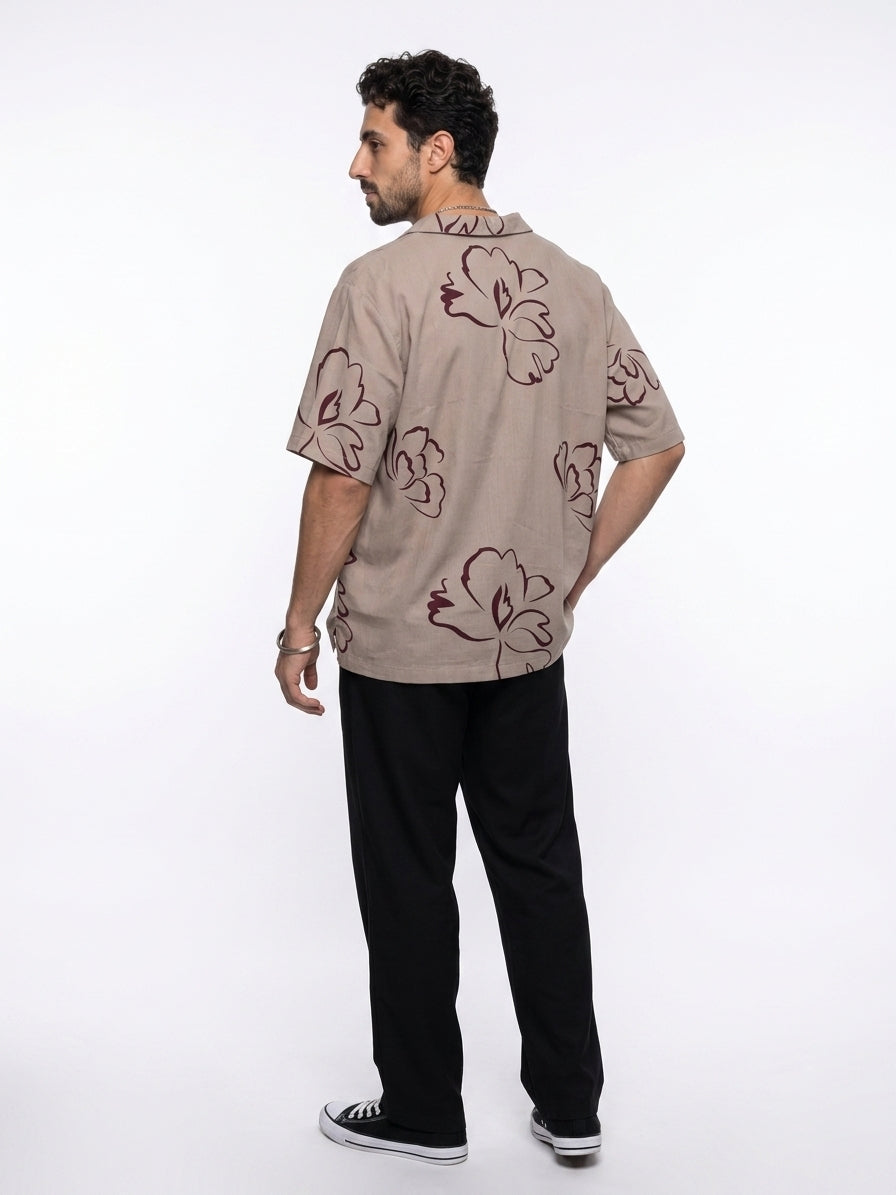 Mauve Floral Print Cuban Collar Pure Cotton Oversized Men's Shirt
