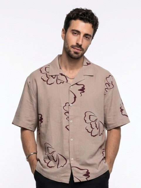 Mauve Floral Print Cuban Collar Pure Cotton Oversized Men's Shirt