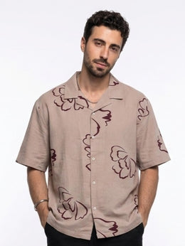 Mauve Floral Print Cuban Collar Pure Cotton Oversized Men's Shirt