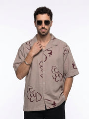 Mauve Floral Print Cuban Collar Pure Cotton Oversized Men's Shirt