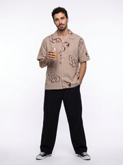 Mauve Floral Print Cuban Collar Pure Cotton Oversized Men's Shirt