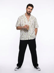 Off White Floral Print Cotton Cuban Collar Oversized Men's Shirt