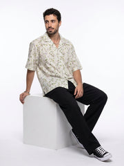 Off White Floral Print Cotton Cuban Collar Oversized Men's Shirt