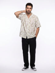 Off White Floral Print Cotton Cuban Collar Oversized Men's Shirt
