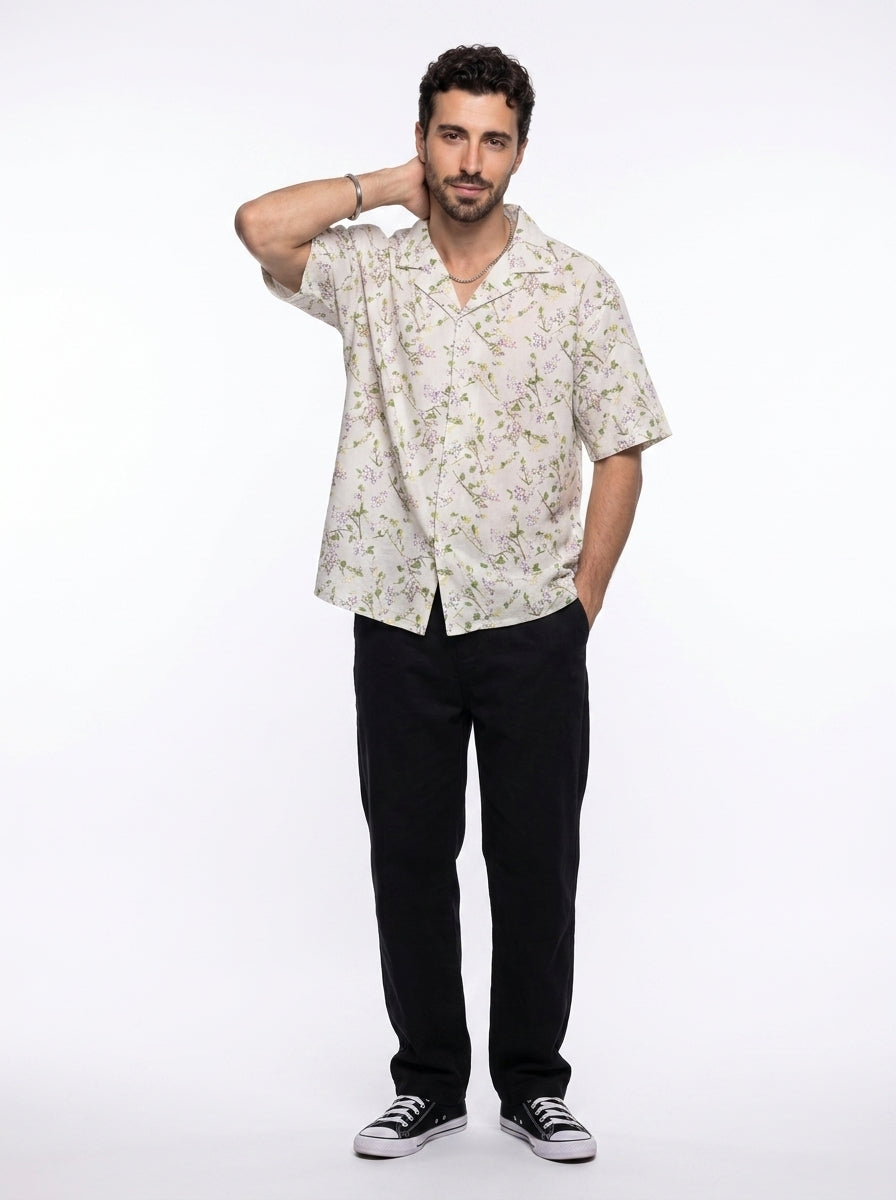 Off White Floral Print Cotton Cuban Collar Oversized Men's Shirt