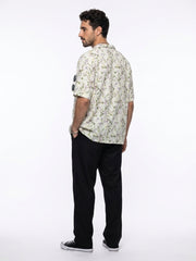 Off White Floral Print Cotton Cuban Collar Oversized Men's Shirt