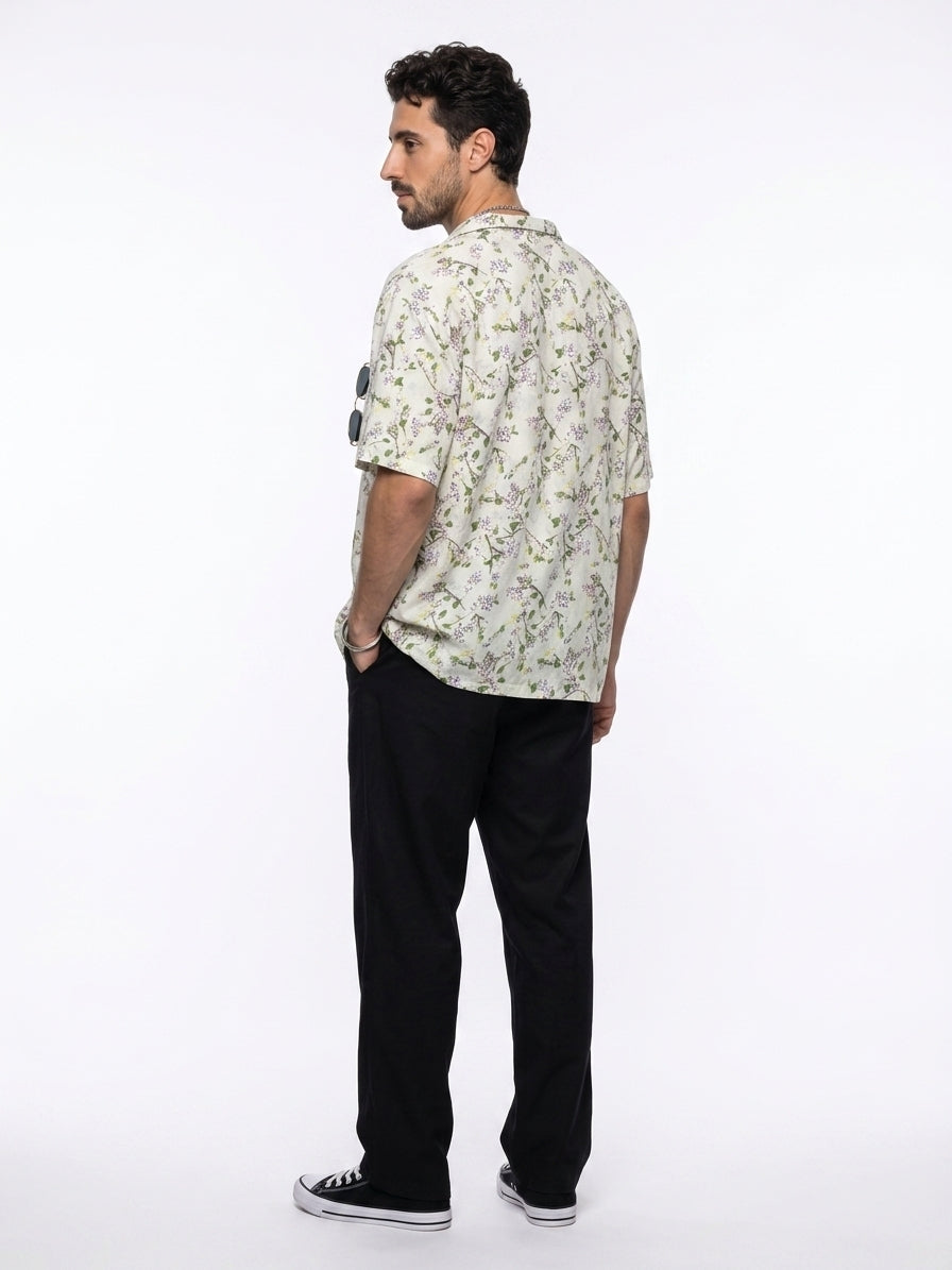 Off White Floral Print Cotton Cuban Collar Oversized Men's Shirt