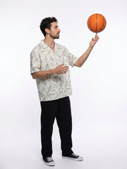 Off White Floral Print Cotton Cuban Collar Oversized Men's Shirt