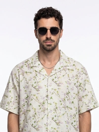 Off White Floral Print Cotton Cuban Collar Oversized Men's Shirt