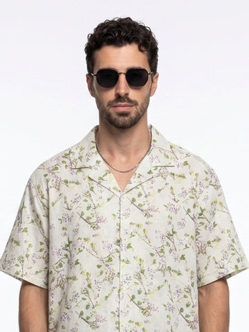 Off White Floral Print Cotton Cuban Collar Oversized Men's Shirt