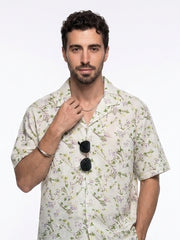 Off White Floral Print Cotton Cuban Collar Oversized Men's Shirt