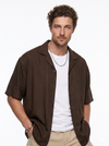 Coffee Brown Solid Cuban Collar Casual Oversized Men's Shirt