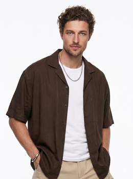Coffee Brown Solid Cuban Collar Casual Oversized Men's Shirt