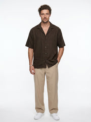Coffee Brown Solid Cuban Collar Casual Oversized Men's Shirt
