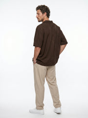 Coffee Brown Solid Cuban Collar Casual Oversized Men's Shirt