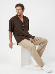 Coffee Brown Solid Cuban Collar Casual Oversized Men's Shirt