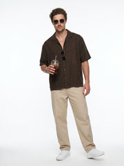 Coffee Brown Solid Cuban Collar Casual Oversized Men's Shirt