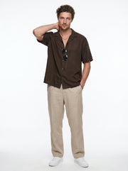 Coffee Brown Solid Cuban Collar Casual Oversized Men's Shirt