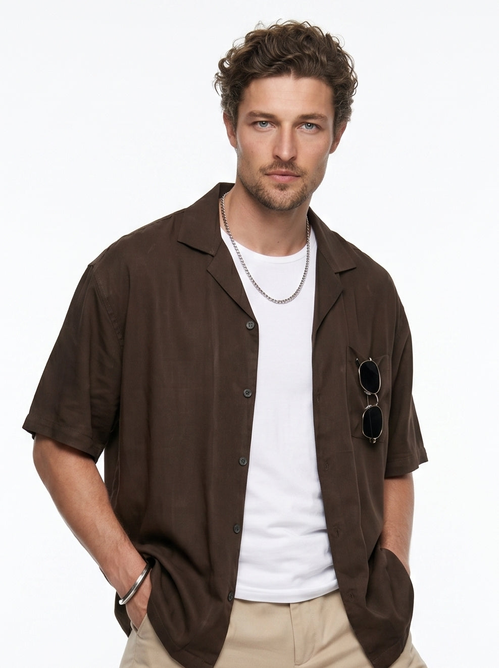 Coffee Brown Solid Cuban Collar Casual Oversized Men's Shirt