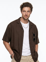 Coffee Brown Solid Cuban Collar Casual Oversized Men's Shirt