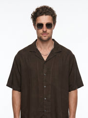 Coffee Brown Solid Cuban Collar Casual Oversized Men's Shirt