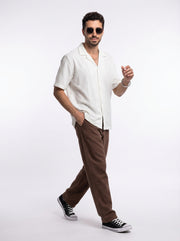 White Cuban Collar Solid Cotton Oversized Men's Shirt
