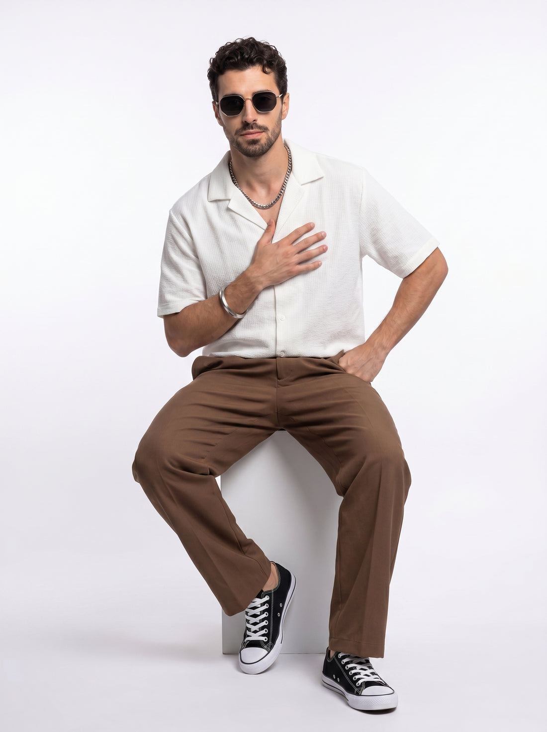 White Cuban Collar Solid Cotton Oversized Men's Shirt
