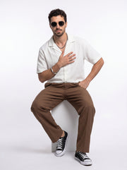 White Cuban Collar Solid Cotton Oversized Men's Shirt